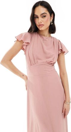 Tfnc Bridesmaid flutter sleeve cowl back chiffon maxi dress in dusky pink