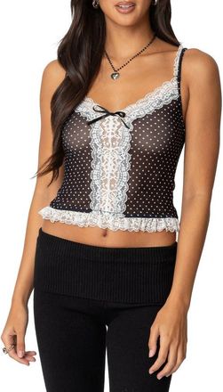 Edikted Polka Dot Lace Trim Mesh Camisole in Black-And-White at Nordstrom, Size X-Small