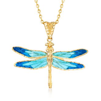 Ross-Simons Italian Blue Enamel and 18kt Yellow Gold Dragonfly Pendant Necklace