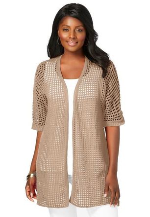 Jessica London Crochet Long Cardigan in New Khaki at Nordstrom, Size 28