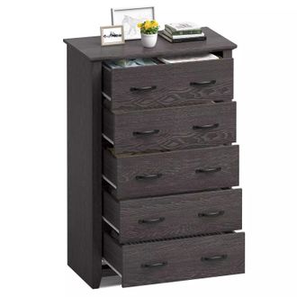 Costway Costway 5 Drawer Dresser Vertical Chest of Drawers Wooden Storage Dresser Organizer in Grey