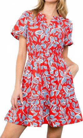 THML Clothing Naomi Printed Dress In Coral Red & Blue