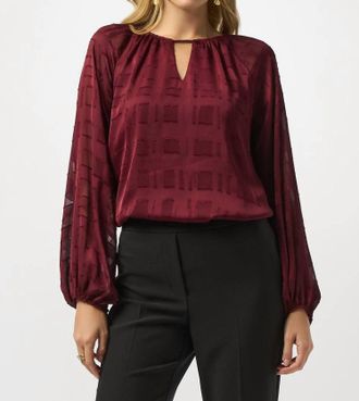 Joseph Ribkoff Keyhole Neckline Long Puffed Sleeves Top In Merlot