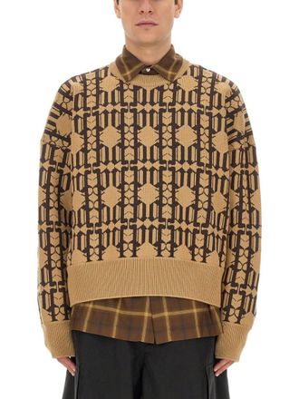 Palm Angels Beige Jacquard Crew Neck Sweater