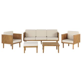 Beliani Conjunto De Jard&iacute;n 5 Plazas De Madera De Acacia Clara Beige Claro Con Otomana Mesa Sillas Cojines Baratti