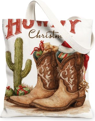 Generic Western Cowboy Christmas Canvas Tote Bags, Boot and Cactus Design Reusable Bags, Holiday Vintage Lightweight Washable Shoul, White, 13x15 Inch