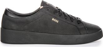 HUGO BOSS Sneakers, male, Black, 8 UK, Black Leather Tennis Trainers for Men