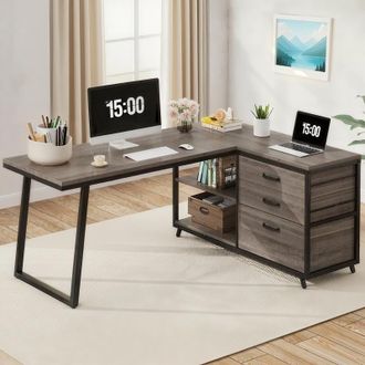 OEM Scrivania Per Computer A L Con 3 Cassetti, 135 Cm Scrivania Angolare Reversibile Con Ripiani Per Pc, Grigio