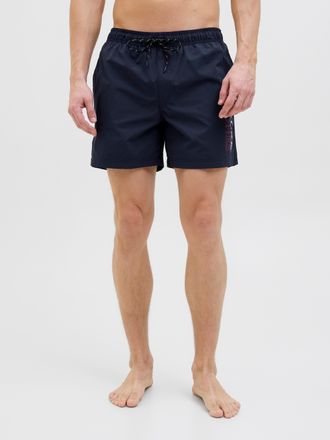 Jack & Jones Badeshorts JACK & JONES JPSTMAUI Badeshort mit mittlerer Taille und elastischem Bund, Herren, Gr. M, N-Gr, blau (navy blazer), Web, Obermaterial: 100%