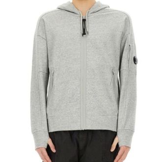 C.P. Company Zip-throughs, male, Gray, Size: S Grey Lens Detailed Hoodie