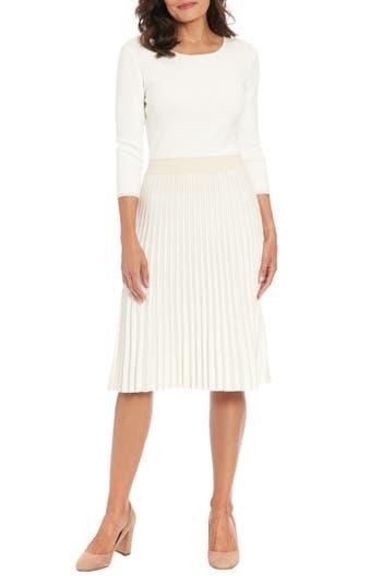 London Times Long Sleeve Pleated Sweater Dress in Ivory at