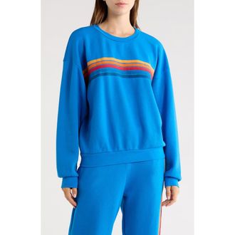 Aviator Nation 5-Stripe Crewneck Sweatshirt in Ocean at Nordstrom, Size Xx-Large