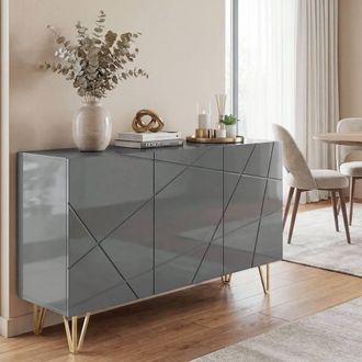 HOMCOM Storage Cabinet, Sideboard with Adjustable Shelves, High Gloss Grey
