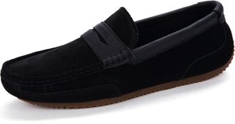 Generic Mens Loafers Shoes Suede Vamp Genuine Leather Stitching Details Round Toe Penny Loafer Lightweight Flexible Resistant Flat Heel Casual Walking(Black,6