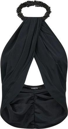 Amen Zwarte Haltertop met Kralenketting - Dames - Tops zonder mouwen - Zwart - L - Tops