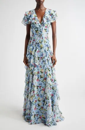 Carolina Herrera Floral Ruffle Silk Chiffon Gown in Cloudy Blue Multi at Nordstrom, Size 10