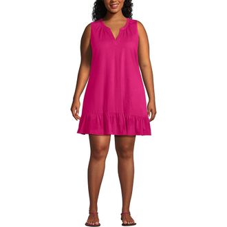 Lands End Sleeveless Cotton Jersey Notch Neck Flounce Dress in Cherry Fuchsia at Nordstrom, Size 1X