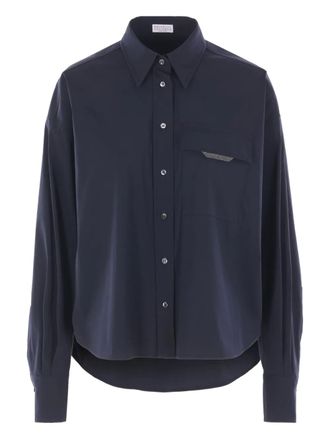 Brunello Cucinelli embellished-pocket shirt - women - Cotton/Polyamide/Spandex/Elastane - M - Blue
