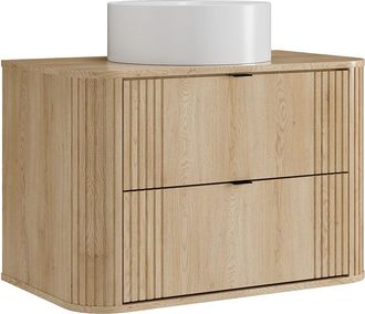 Vente-Unique Mueble de ba&ntilde;o suspendido con lavabo redondo sobre encimera - Natural claro - 80 cm - FILOR