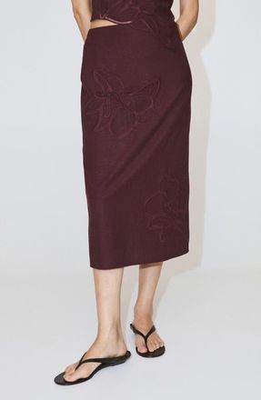 Mango Floral Embroidered Midi Skirt in Maroon at Nordstrom, Size 4