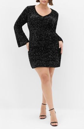 City Chic Paislee Sequin Long Sleeve Dress in Black at Nordstrom, Size Xxl