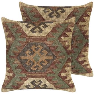 Beliani Conjunto De 2 Cojines De Yute Algod&oacute;n Lana Marr&oacute;n Verde Rojo Beige 45 X 45 Cm Cumbum