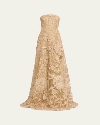 Naeem Khan Floral Raffia Strapless Gown