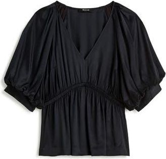 Madewell Shirred Puff Sleeve Satin Top in True Black at Nordstrom Rack, Size Xx-Small