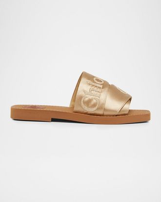Chlo&eacute; Woody Satin Flat Logo Ribbon Slide Sandals