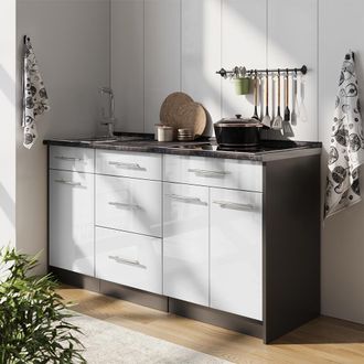 Vicco Bloque De Cocina Fame-line, Blanco Alto Brillo, 150 Cm, Et Antracita, Vicco