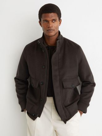 Reiss Chocolate Brown Wool-blend Funnel-neck Bomber Jacket, Xxl