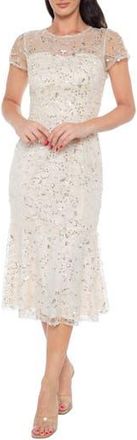 Marina Rossini Beaded Cap Sleeve Midi Dress in Champagne at Nordstrom Rack, Size X-Large