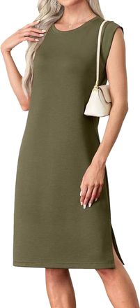Generic 2025 Women Summer Round Neck Casual Loose Split Wrinkle-Free Midi Dress with Pockets Army Green