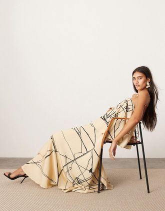 Asos strappy square neck maxi dress with pockets and dramatic drape detail in mono abstract print-Multi