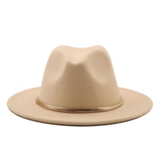 Generic Wide Brim Simple Derby Top Hat Panama Solid Felt Fedoras Hat for Men Women Artificial Blend Jazz Cap(Beige)