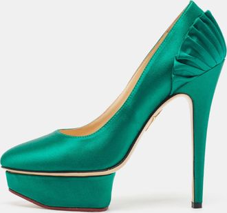 Charlotte Olympia Green Satin Paloma Platform Pumps
