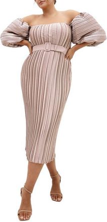 City Chic Krista Off the Shoulder Midi Dress in Champagne at Nordstrom, Size Xxxs