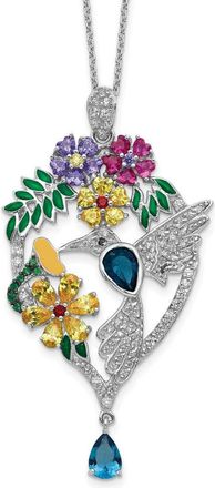Diamond2Deal Sterling Silver Multicolor Glass and Cubic Zirconia Floral Hummingbird Necklace 18