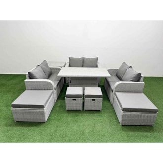 Fimous Fimous 9 PCs Rising Dining Table Set Inclining Love Sofa Seat 2 Big Footstool 2 Small Stool 1 Side Table Light Grey