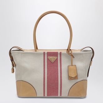 Prada Large shopping bag in canvas and natural/red leather