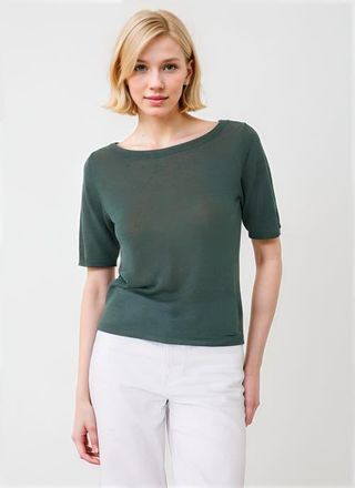 Majestic Filatures Linen Knit Elbow Sleeve Boatneck Shirt in Agave at Nordstrom, Size 1