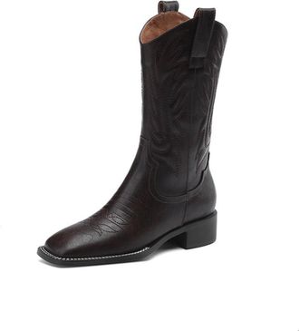 Generic Womens Cowboy Boots PU Leather Embroidered Design Pull Tab Square Toe Low Block Heels Mid-Calf Soft Lining Cushioned Insole Durable Outsole,Brown,4.5 