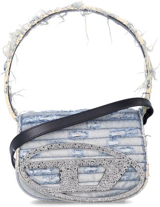 Diesel Structured Blue Denim Shoulder Bag with Rhinestone Logo
