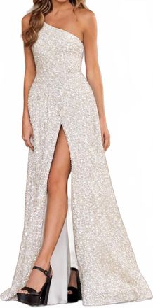 Sherri Hill One-Shoulder Sequin Evening Dress With Slit In Ivory