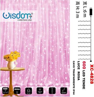 Trade Shop Trade Shop - Tenda Luminosa Natalizia 600led Luce Rosa Cavo Trasparente 8 Giochi Luce Xc-4828