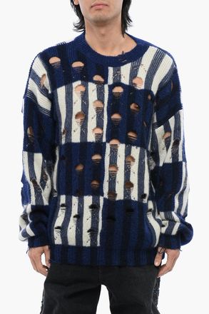 Off-white Maglione Girocollo Tartan SHIBORI Effetto Distressed Off-White