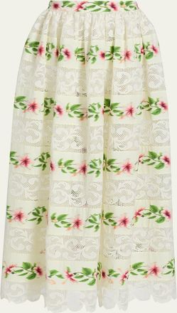 Oscar De La Renta Chine Hibiscus Striped Lace-Inset Midi Skirt