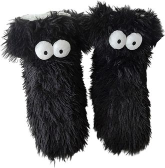 Generic Cute Non-Slip Plush Slipper Socks for Warm Winter, Big Eye Puppy Fuzzy Home Floor Shoes Sleep Socks for Man Woman (Black)