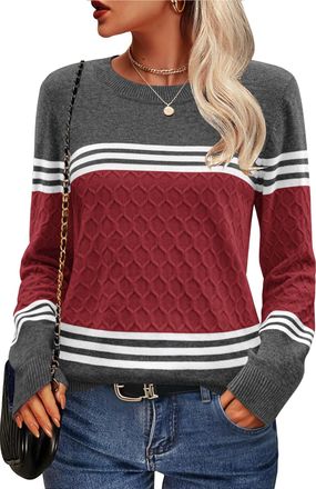 Zeagoo Womens Pullover Colour Block Long Sleeve Crew Neck Knitted Jumper Striped Slim Fit Knitwear Tops Sweatshirt Ladies Outfits Wine Red XXL