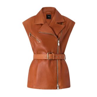Pinko Vests, female, Brown, Size: S Biker-style Leather Vest